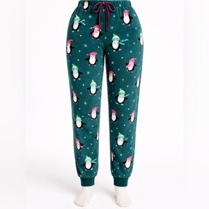 Joyspun 2X Cozy Green Penguin Plush Pajama Pants Whimsical Holiday Lounge